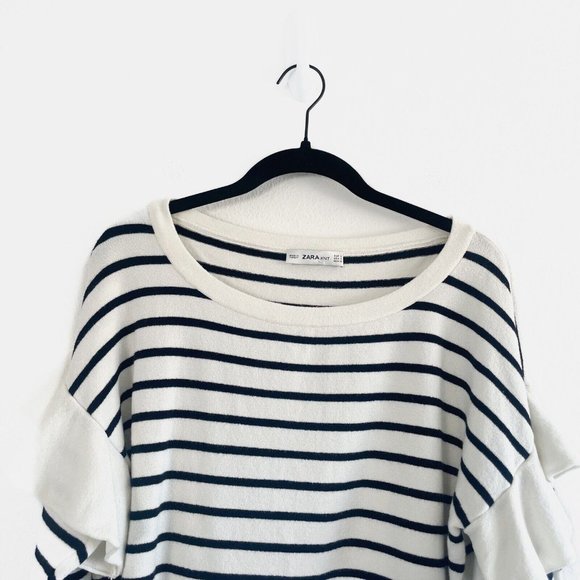 Zara Ruffle Sweater Sz Small Blue White Stripe Long Sleeve Knit Pullover Stretch - Picture 3 of 11